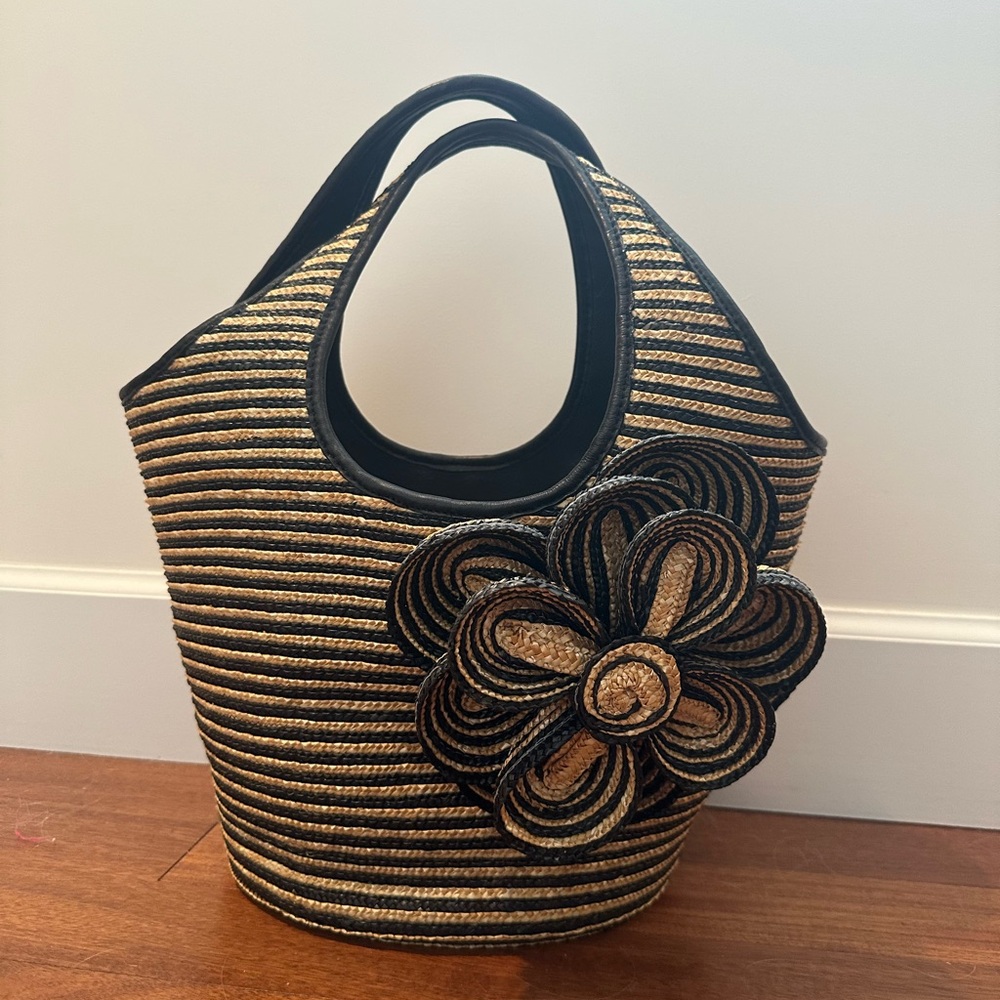 Kate Spade Straw Black and  Natural Tote with Floral Design